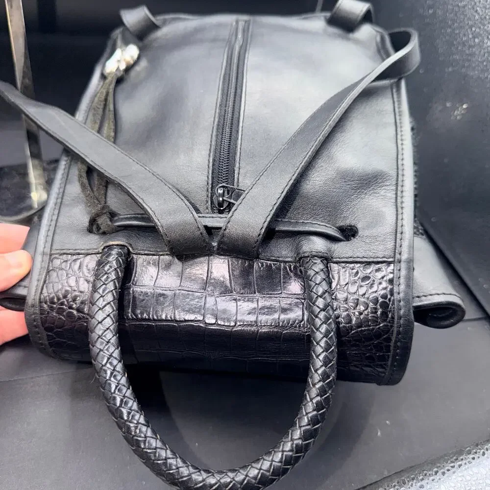 Brighton Black Leather Tweed Croc Embossed Backpack Purse Heart Charm Drawstring